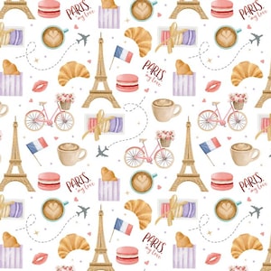 May include: A repeating pattern with Parisian motifs. The design includes the Eiffel Tower, croissants, macarons, coffee cups, bicycles, French flags, and the text "Paris my love" on a white background.