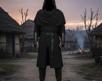 Mittelalterlicher Assassinen-Kapuzenumhang für Männer, Gothic LARP Krieger-Kostüm, Stealth Rogue Robe, Renaissance Fair, Halloween Cosplay