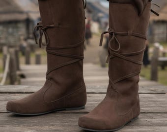 Renaissance Mittelalter Larp Stiefel für Männer und Frauen, PU-Leder Wikinger Piraten Stiefel, Retro Ritter Cosplay Schuhe, Vintage Ren Faire Kostüm