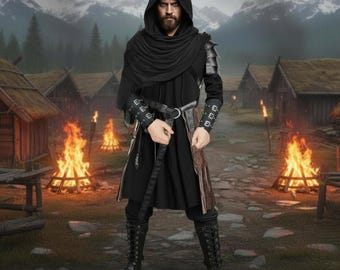 Mittelalter Assassinen Kostüm Set für Männer, Wikinger Krieger Outfit, Renaissance Fantasy Cosplay Rüstung, Schwarze Kapuze Larp Kleidung
