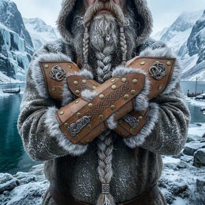 May include: A person wearing a fur-lined coat and leather arm guards with metal accents. The arm guards feature intricate Celtic knot designs and are adorned with rivets. The background shows a snowy landscape with a lake and Viking ships.