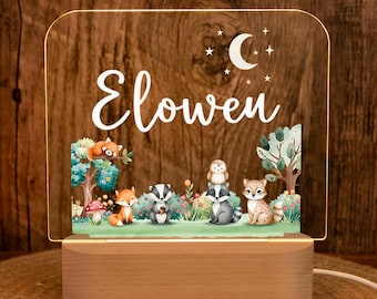 Personalized Woodland Animal Night Light, Custom Nursery Decor Gift Lamp, Kids Bedroom Bedside Light, Baby Shower Birthday Gift Night Light