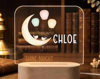 Gepersonaliseerde maannachtlampje, led-lamp aangepaste naam, kinderkamerdecor cadeau voor babyshower, kinderkamerdecor, hemels bloemen slaapkamerlicht