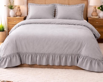 Grey Ruffle Linen Duvet Cover Set | Soft Washed Boho Farmhouse Bedding