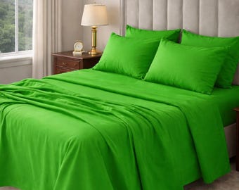 Set di lenzuola in lino verde brillante / Biancheria da letto morbida e traspirante, minimalista ed ecologica per la casa.