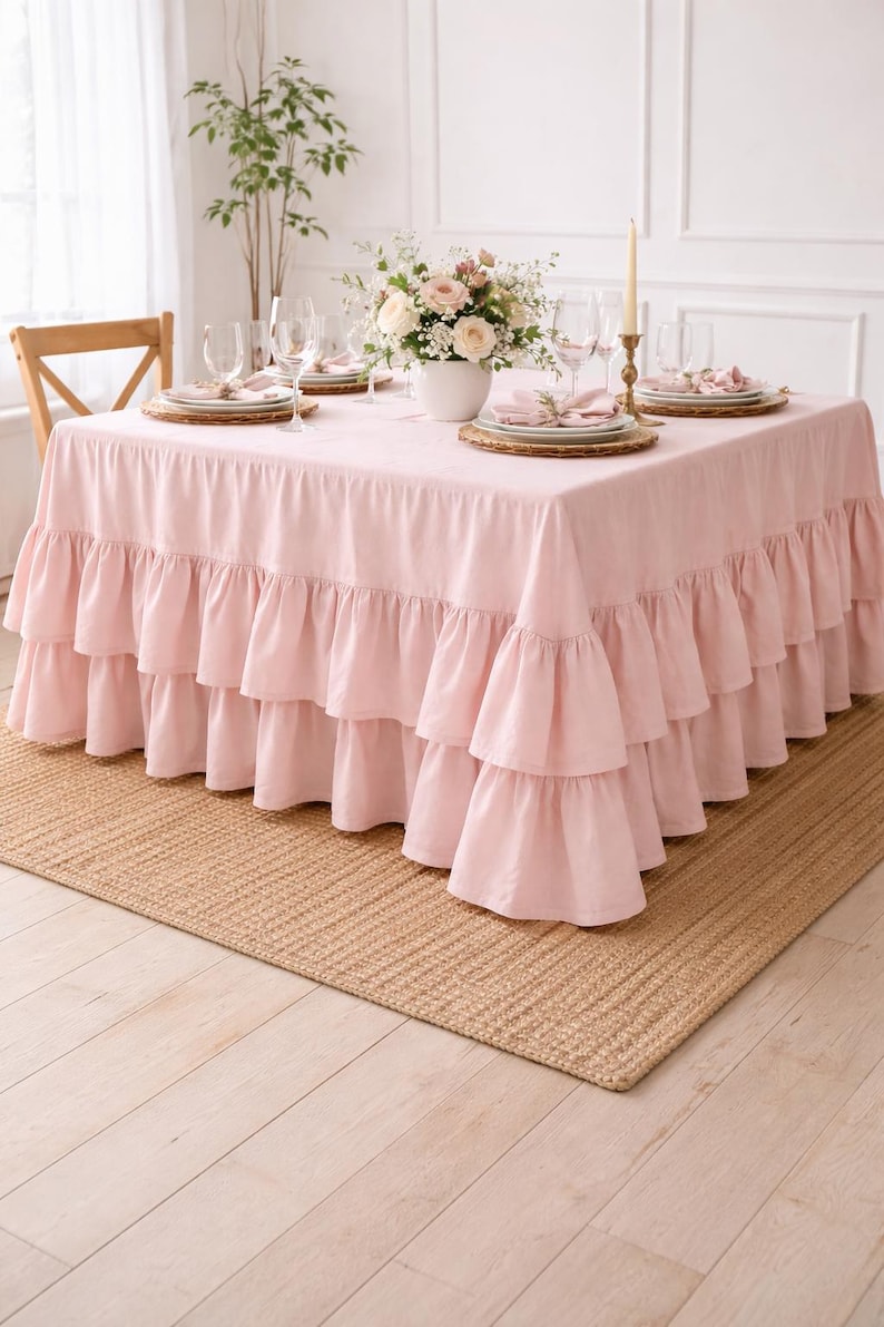 Pink Ruffle Tablecloth Blush Pink Ruffle Tablecloth – Cotton Romantic Dining Cover - Etsy