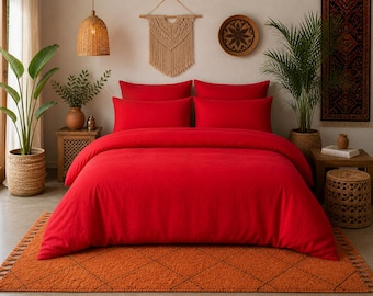Bright Red Washed Linen Duvet Cover Set | Boho Bedroom Decor, Natural Bedding