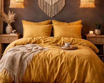 Dark Mustard Yellow Linen Duvet Cover Set | Soft Washed Boho Bedding
