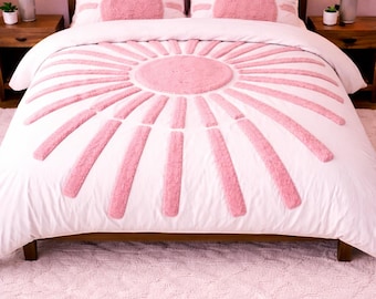 Komplet pościeli z białej bawełny z pikowaniem, różowy słoneczny wzór boho