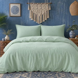 Mint Grün Leinen Bettwäsche Set | Weich gewaschen Boho Bettwäsche, minimalistischer Stil