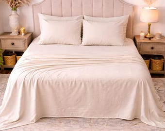 Juego de sábanas planas de lino lavado / Ropa de cama color marfil/blanco roto / Decoración minimalista bohemia para dormitorio