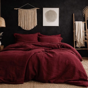 Conjunto de capa de edredom em linho lavado | Decoração de quarto boho, bordô, mostarda e branco