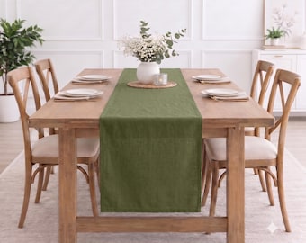 Moss Green Linen Table Runner, Rustic Table Decor, Farmhouse Dining Decor, Natural Table Runner, Boho Home Decor, Wedding Table Decor
