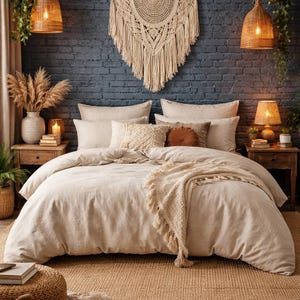 May include: A cozy bedroom scene featuring a bed with beige bedding, pillows, and a fringed throw. A macrame wall hanging and woven lampshades add to the bohemian aesthetic. The room has a warm, inviting atmosphere.