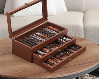 Wooden Knife Display Box – 3-Tier Organizer with PU Leather and Velvet, Glass Top, Pocket Knife Storage, Gift for Collectors & Her
