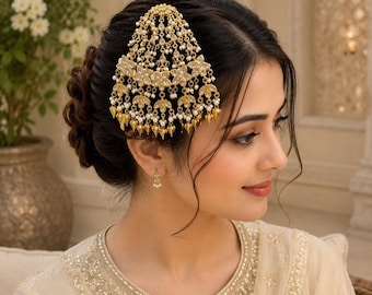Gold Kundan Pearl Passa | Pakistani Bridal Hair Jewelry