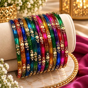 May include: A set of translucent bangles in vibrant colors including blue, green, red, yellow, and magenta. Each bangle features a repeating pattern of small, clear, circular rhinestones and larger gold-toned metal accents arranged in a line.
