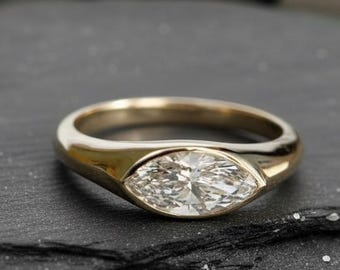 1.5 CT Marquise Cut Moissanite Engagement Ring, 14K Solid Gold Bezel Ring, East West Ring, Pinky Ring, Statement Ring, Signet Ring For Her