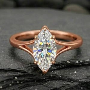 Anello di fidanzamento con moissanite taglio marquise, anello con incastonatura a forma di tulipano e fiore, anello unico con moissanite, anello di promessa, anello solitario con diamante, anello delicato