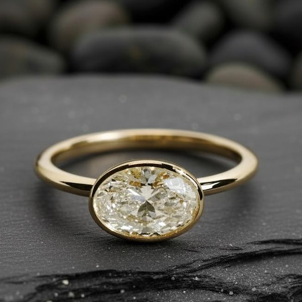 1.5 CT Oval Cut Moissanite Engagement Ring, 14K Solid Gold Bezel Ring, East West Ring, Pinky Ring, Statement Ring, Signet Ring For Her