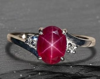 Vintage 14K Diamond Red Lindy Star Ring, Lab 6 Rays Star Gemstone, Red Star Ruby Silver Ring, Engagement Ring, Gift For Her