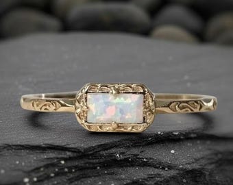 Dainty Opal Baguette Ring, Opal Gemstone Ring • Engagement, Promise Ring • Anniversary Gift for Girlfriend, October Birthstone Ring For Her