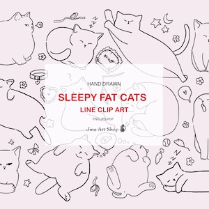 Cat Line Art Clipart (Sleepy Fat Cats) – 12 Kitty Vector Graphics (PNG Digital Download)