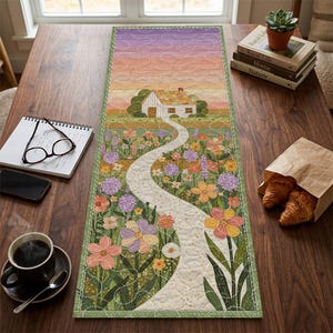 Garden Path Cottage Quilted Table Runner, Floral Landscape Table Decor, Pink and Orange Patchwork Quilt, Spring Home Decor, Flower Runner