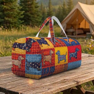 Colorful Patchwork Dog Quilted Duffle Bag Cute Puppy Pattern Travel Duffle Bag Pet Lover Weekender Shoulder Bag Travel Bag