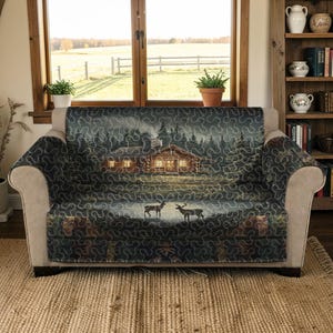 Könnte beinhalten: Eine Sofahusse mit einer Hüttenszene mit Hirschen in einem Wald. Die Hülle hat einen dunklen Hintergrund mit einer detaillierten Illustration einer Hütte mit beleuchteten Fenstern, umgeben von Bäumen und einem See. Die Hülle ist über ein beiges Sofa drapiert.