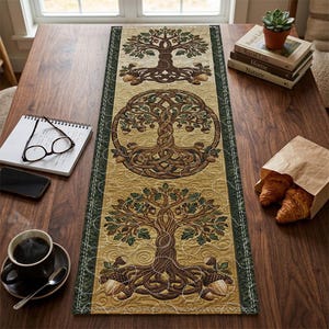 May include: A decorative table runner featuring a tree of life design. The runner has a beige background with brown and green tree illustrations and acorn details. The runner is approximately 60 inches long.