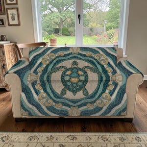 Mandala Sea Turtle Luxury Sofa Cover, Elegant Gold & Blue Quilted Furniture Protector, Custom Ocean Pattern Couch Throw, Coastal Seat Cover