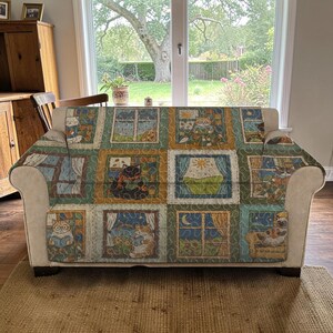 Cozy Window Cat Quilted Sofa Cover, Home Library Furniture Protector, Luxury Sofa Cover, Relaxing Feline Custom Sofa Couch Throw Cover