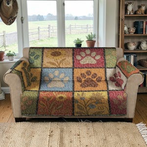 Colorful Paw Print Quilted Sofa Cover, Pet Friendly Couch Protector, Sunflower Patchwork Sofa Seat Cover, Luxury Sofa Cover Animal Lover