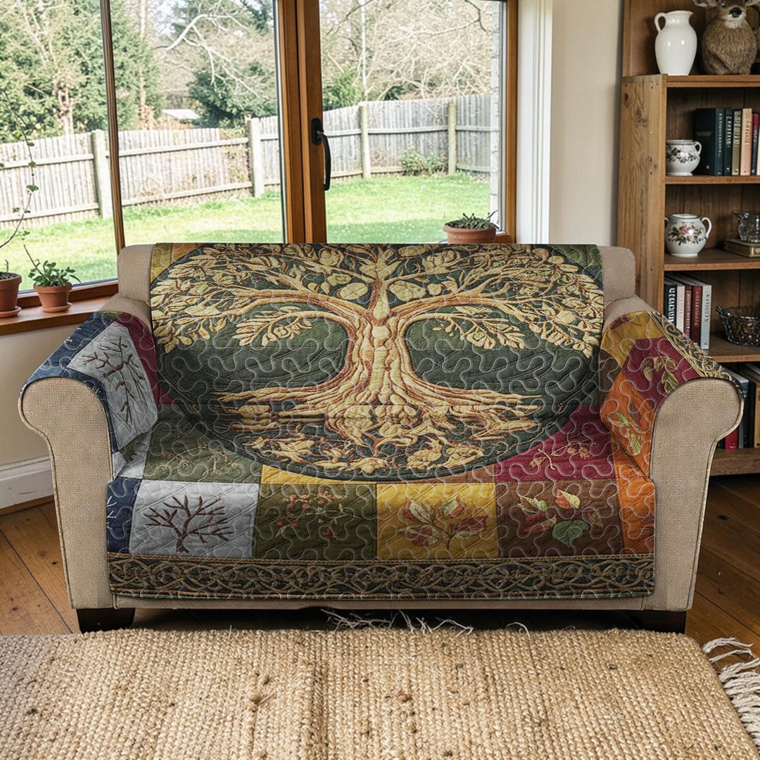 Colorful Mosaic Tree Quilted Sofa Cover, Four Seasons Patchwork ...