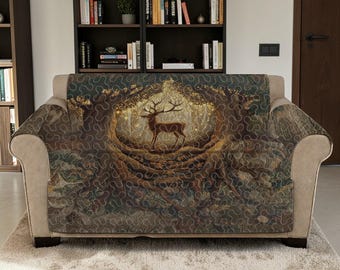 Funda acolchada para sofá con místico ciervo dorado, protector de sofá con diseño de ciervo del bosque encantado, muebles de lujo con arte de la naturaleza y la vida silvestre, decoración personalizada estilo cabaña.