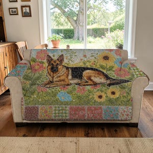 Loyal Shepherd Quilted Sofa Cover, Floral Dog Portrait Furniture Protector, Luxury Sofa Cover, Patchwork Pet Lover Custom Sofa Seat Cover