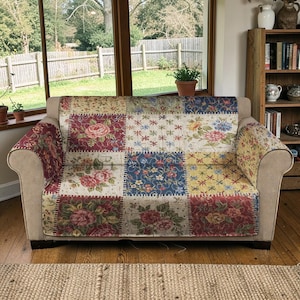 Copridivano trapuntato con patchwork floreale, plaid shabby chic con rose, copridivano di lusso in stile vintage, coprisedile protettivo per mobili.