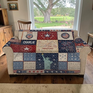 Personalized Name Patriotic Quilted Sofa Cover, Luxury Liberty Anniversary Furniture Protector, Custom American Flag Couch Throw, Red Blue