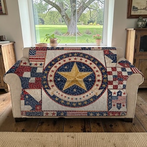 Rustic Star Patriotic Quilted Sofa Cover, Luxury American Flag Furniture Protector, Custom Heritage Country Couch Throw, Red White & Blue