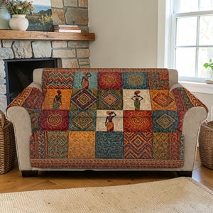 African Tribal Quilted Sofa Cover, Ethnic Pattern Couch Throw, Luxury Cultural Furniture Protector, Boho Living Room Decor Sofa Seat Cover