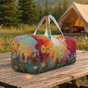 Puede incluir: Una colorida bolsa de lona con un diseño floral y de rayos de sol. La bolsa presenta un patrón acolchado con una vibrante gama de colores, incluyendo rojo, amarillo y azul. Las asas blancas se arquean sobre la parte superior de la bolsa. La bolsa está sobre una mesa de picnic de madera.