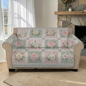 Garden Floral Quilted Sofa Cover, Peony & Daisy Furniture Protector, Luxury Sofa Cover, Spring Season Home Decor, Botanical Slipcover