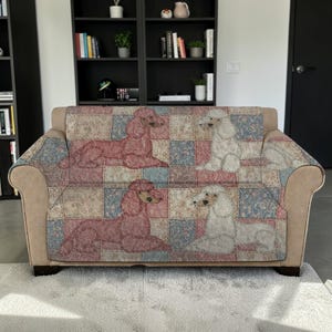Shabby Chic Floral Poodle Couch Overlay, Vintage Rose Patchwork Furniture Guard, Classic Dog Quilted Sofa Protector,Aesthetic Pet Lover Gift