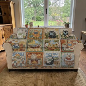 Quilted Sofa Cover for Cat Lovers, Four Seasons Feline Couch Protector, Luxury Sofa Cover, Cozy Library Aesthetic,Custom Sofa Furniture Wrap