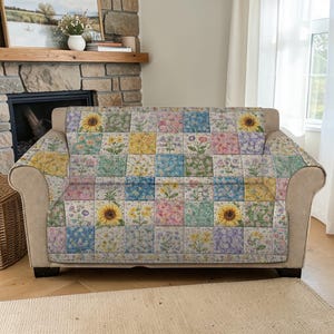 Pastel Patchwork Quilted Sofa Cover, Spring Wildflower Couch Protector, Multi Color Floral Furniture Wrap, Luxury Sofa Cover Boho Style