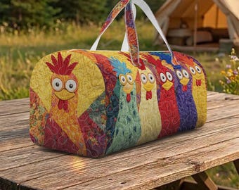 Grappige gewatteerde plunjezak met kip, kleurrijke boerderijdieren reizen weekendtas, gewatteerde schoudertas haan, grillige landelijke reistas