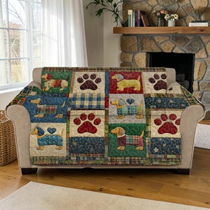 Può includere: Una fodera per divano patchwork con disegni di cani bassotti e impronte di zampe. La fodera presenta quadrati blu, verdi, rossi e gialli. I bassotti indossano cappotti. Le impronte delle zampe sono in tonalità marroni e rosse.
