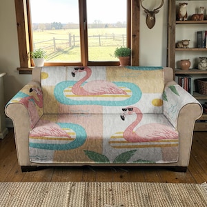 Summer Pool Flamingo Quilted Sofa Cover, Tropical Float Couch Throw, Luxury Pastel Furniture Protector, Cute Flamingo Sofa Seat Cover