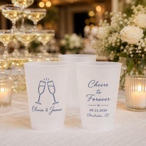Personalized Wedding Frosted Plastic Cups, Cheers to Forever Champagne Toast Favors, Elegant Navy Blue Script Rehearsal Dinner Drinkware